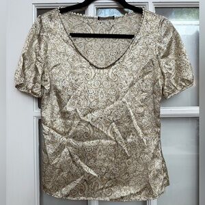 Josie Natori 100% Silk Cream & Gold Puff Sleeve Scalloped Neck Blouse Size XS